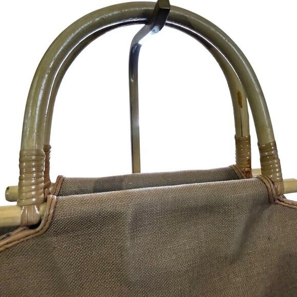Fossil Vintage Wooden Handle Canvas Handbag Satchel Boho Purse Tan Brown Bag - Picture 2 of 14